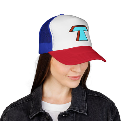 Tacoma Triceratops Retro 'T' Trucker Hat — Turquoise & Red Logo Cap Designed by Yorch Enciso