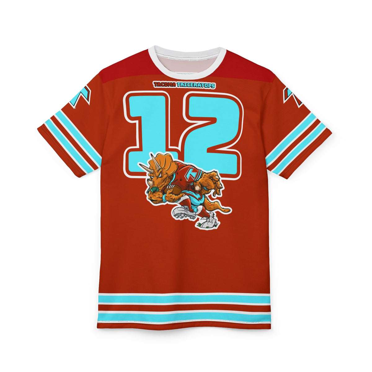 Tacoma Triceratops Retro Mascot Football Jersey Tee — Number 12 All-Over Print