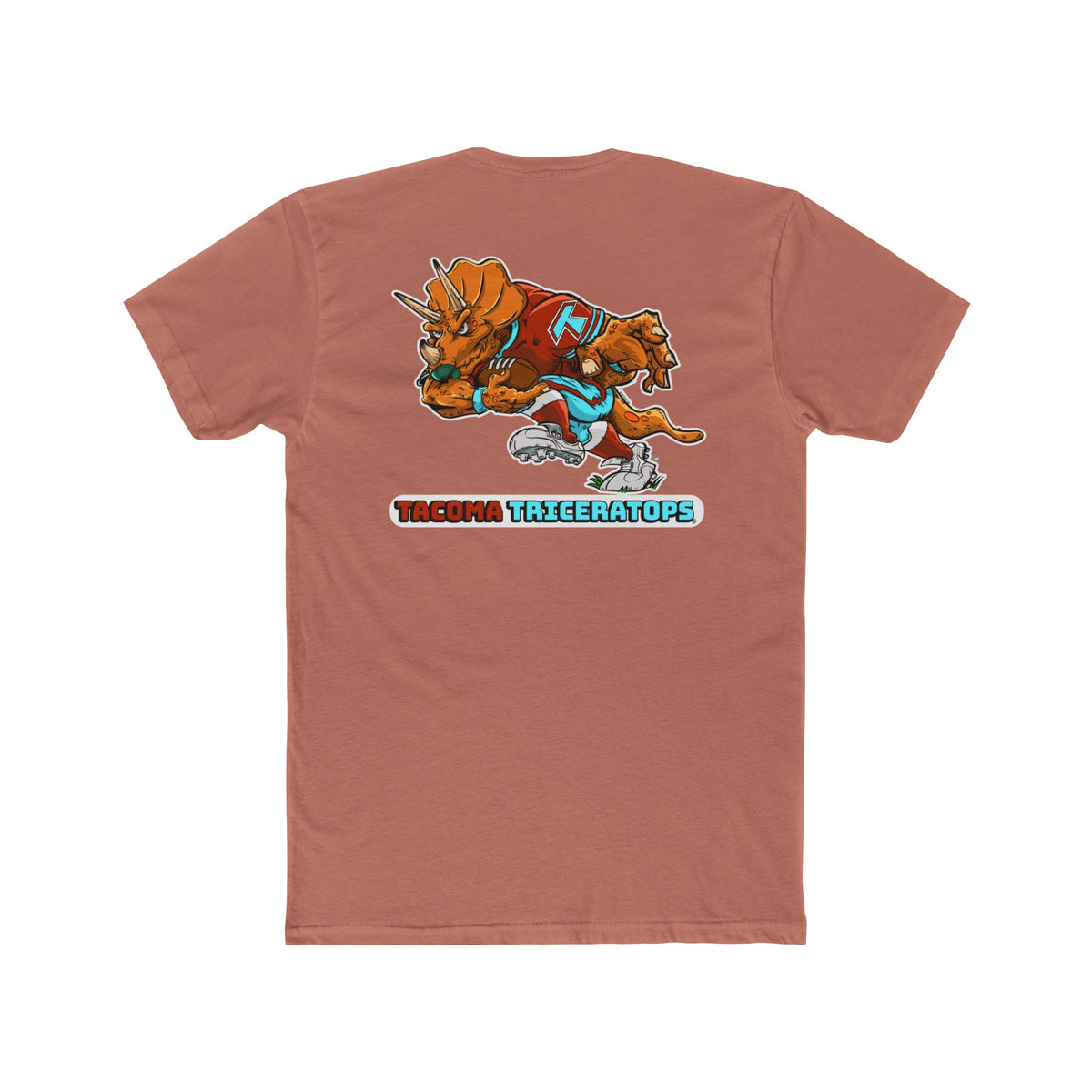 Tacoma Triceratops Football Mascot Tee — Retro Sports Dino Graphic T-Shirt. Designed by Yorch Enciso