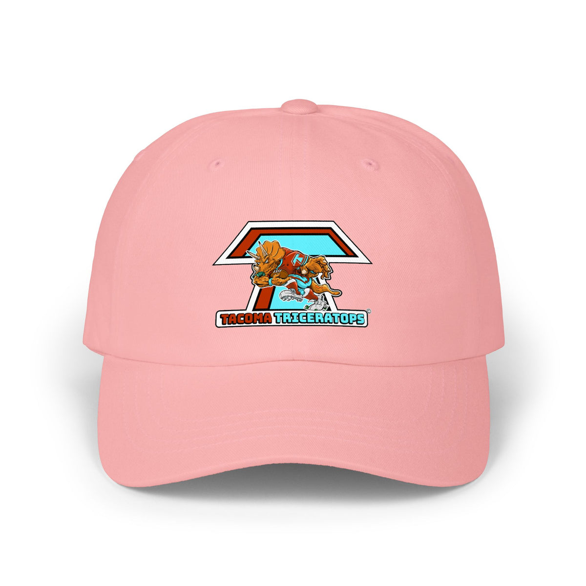 Tacoma Triceratops Dad Cap — Retro Surfing Triceratops Embroidered Hat Designed by Yorch Enciso