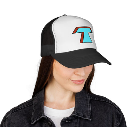 Tacoma Triceratops Retro 'T' Trucker Hat — Turquoise & Red Logo Cap Designed by Yorch Enciso