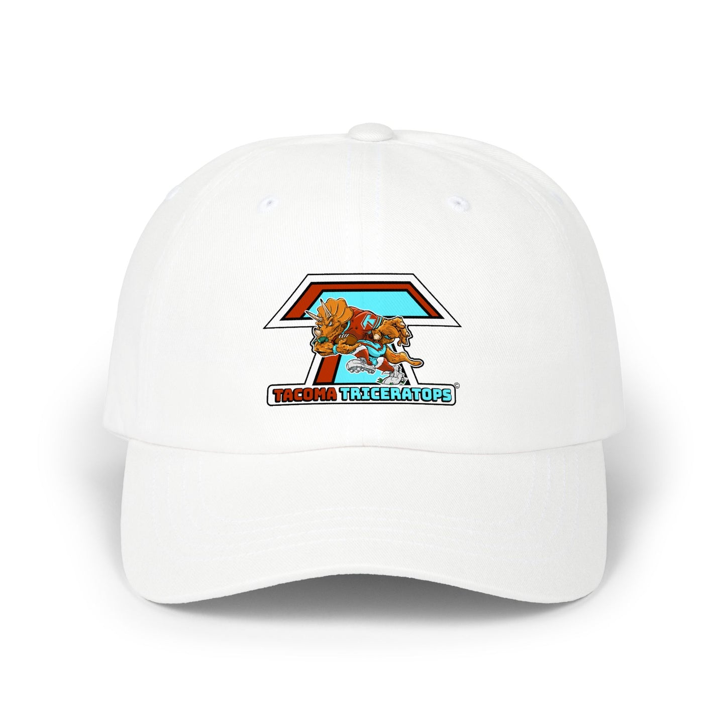 Tacoma Triceratops Dad Cap — Retro Surfing Triceratops Embroidered Hat Designed by Yorch Enciso