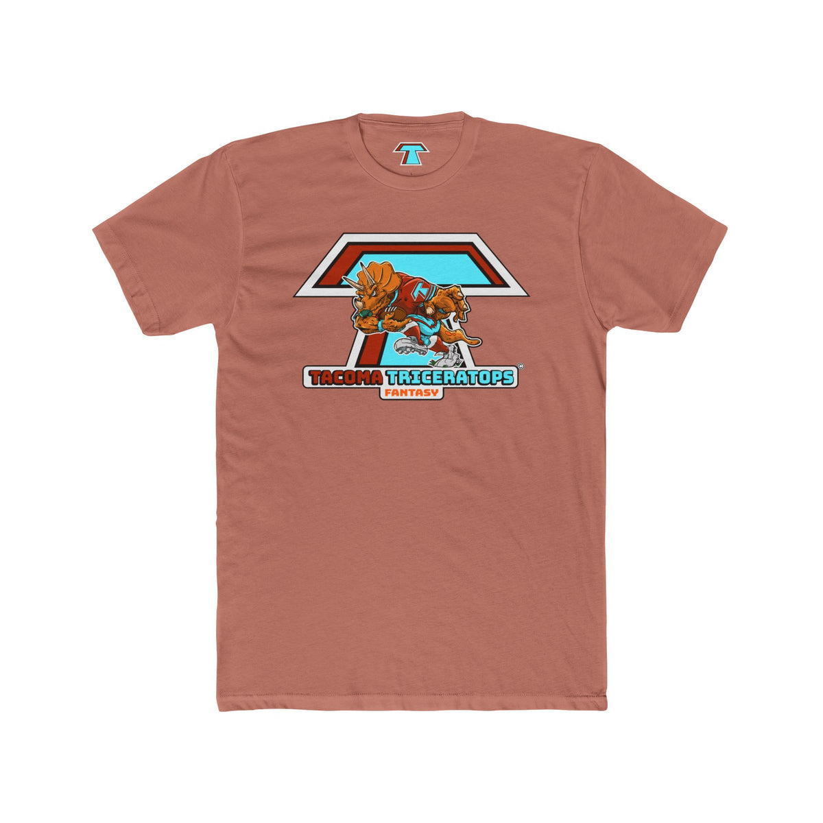 Tacoma Triceratops Football Mascot Tee — Retro Sports Dino Graphic T-Shirt. Designed by Yorch Enciso