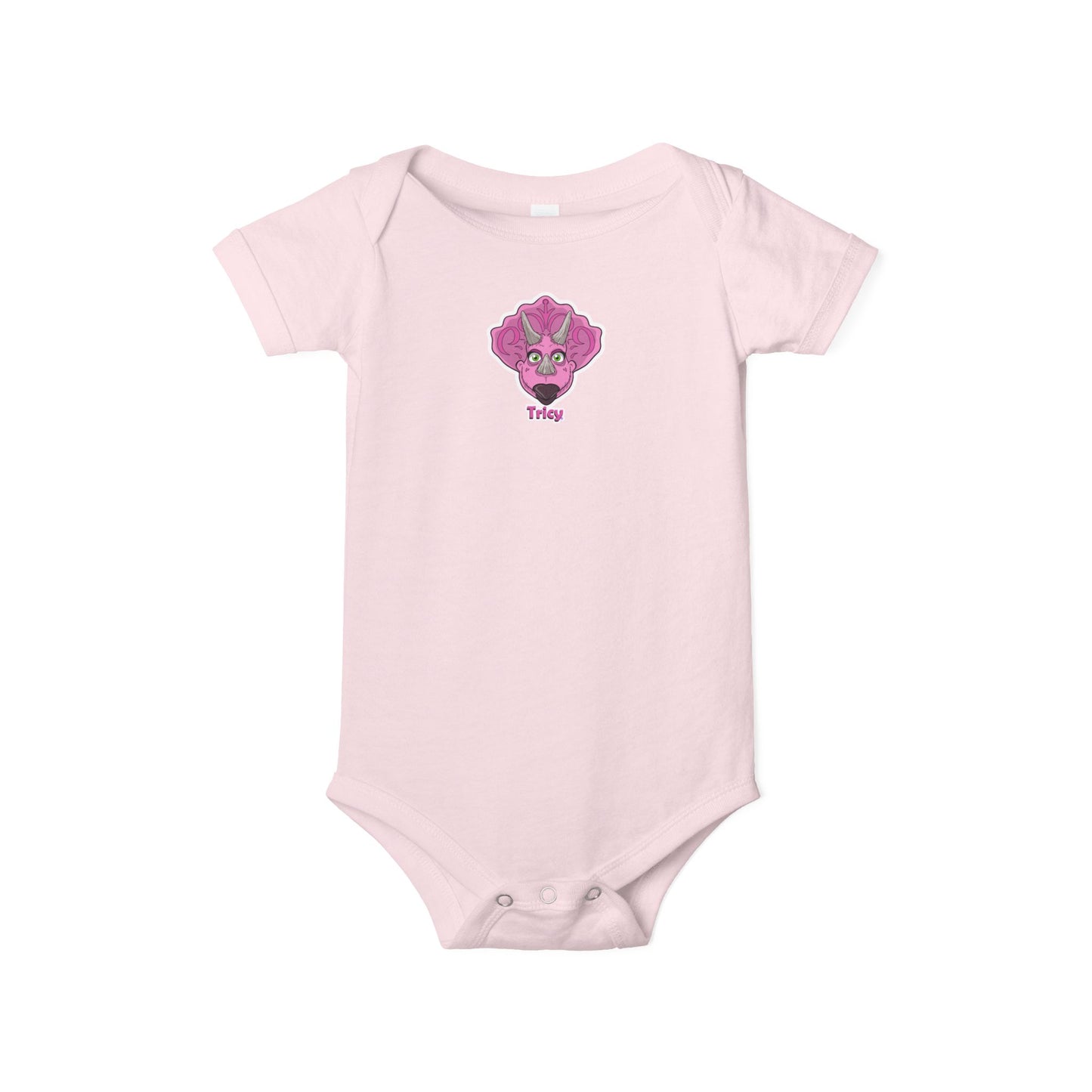 Tricy- DinoSapiens - Infant One-Piece — Cute Pink Triceratops Face "Tricy" Bodysuit (Dino-Saurus Back Logo)