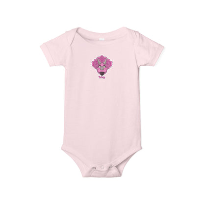 Tricy- DinoSapiens - Infant One-Piece — Cute Pink Triceratops Face "Tricy" Bodysuit (Dino-Saurus Back Logo)