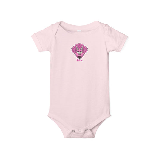 Tricy- DinoSapiens - Infant One-Piece — Cute Pink Triceratops Face "Tricy" Bodysuit (Dino-Saurus Back Logo)