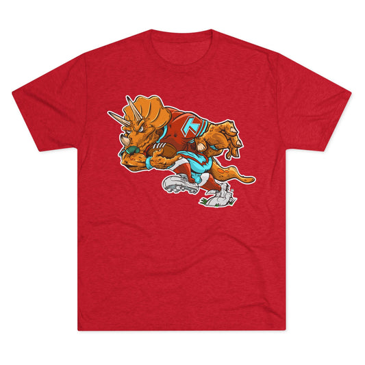 Tacoma Triceratops Football Tee - RED— Vintage Dino Mascot Crew Shirt Designed by Yorch Enciso