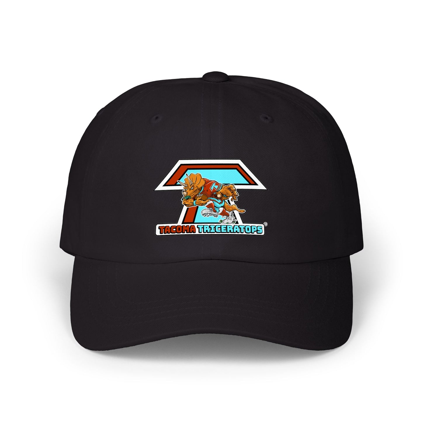 Tacoma Triceratops Dad Cap — Retro Surfing Triceratops Embroidered Hat Designed by Yorch Enciso