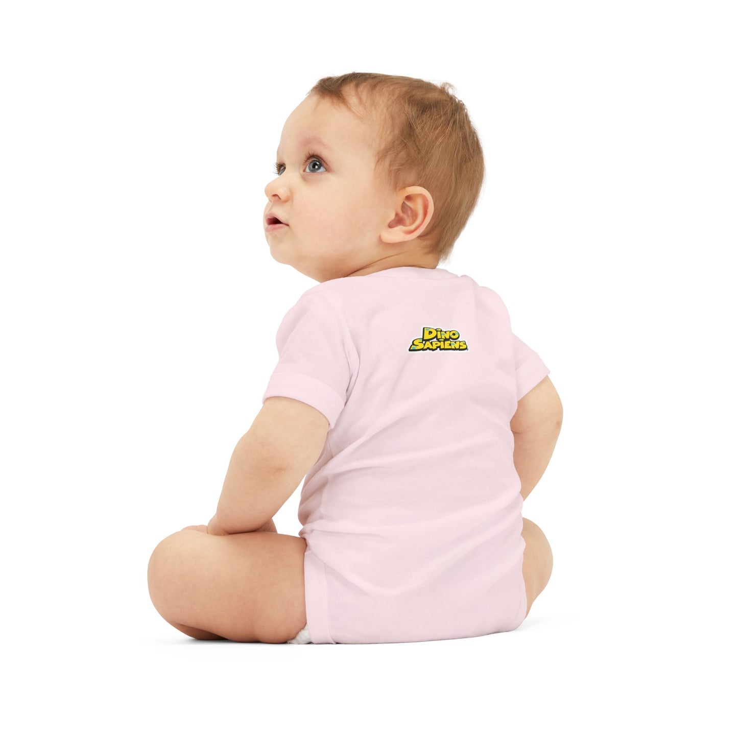 Tricy- DinoSapiens - Infant One-Piece — Cute Pink Triceratops Face "Tricy" Bodysuit (Dino-Saurus Back Logo)