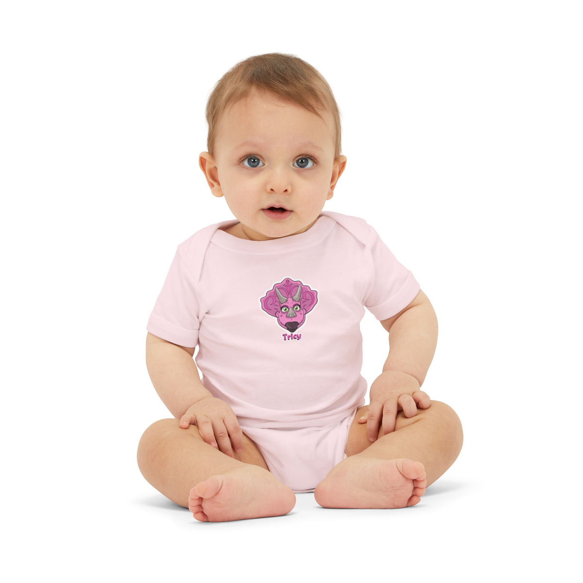 Tricy- DinoSapiens - Infant One-Piece — Cute Pink Triceratops Face "Tricy" Bodysuit (Dino-Saurus Back Logo)