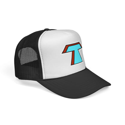Tacoma Triceratops Retro 'T' Trucker Hat — Turquoise & Red Logo Cap Designed by Yorch Enciso