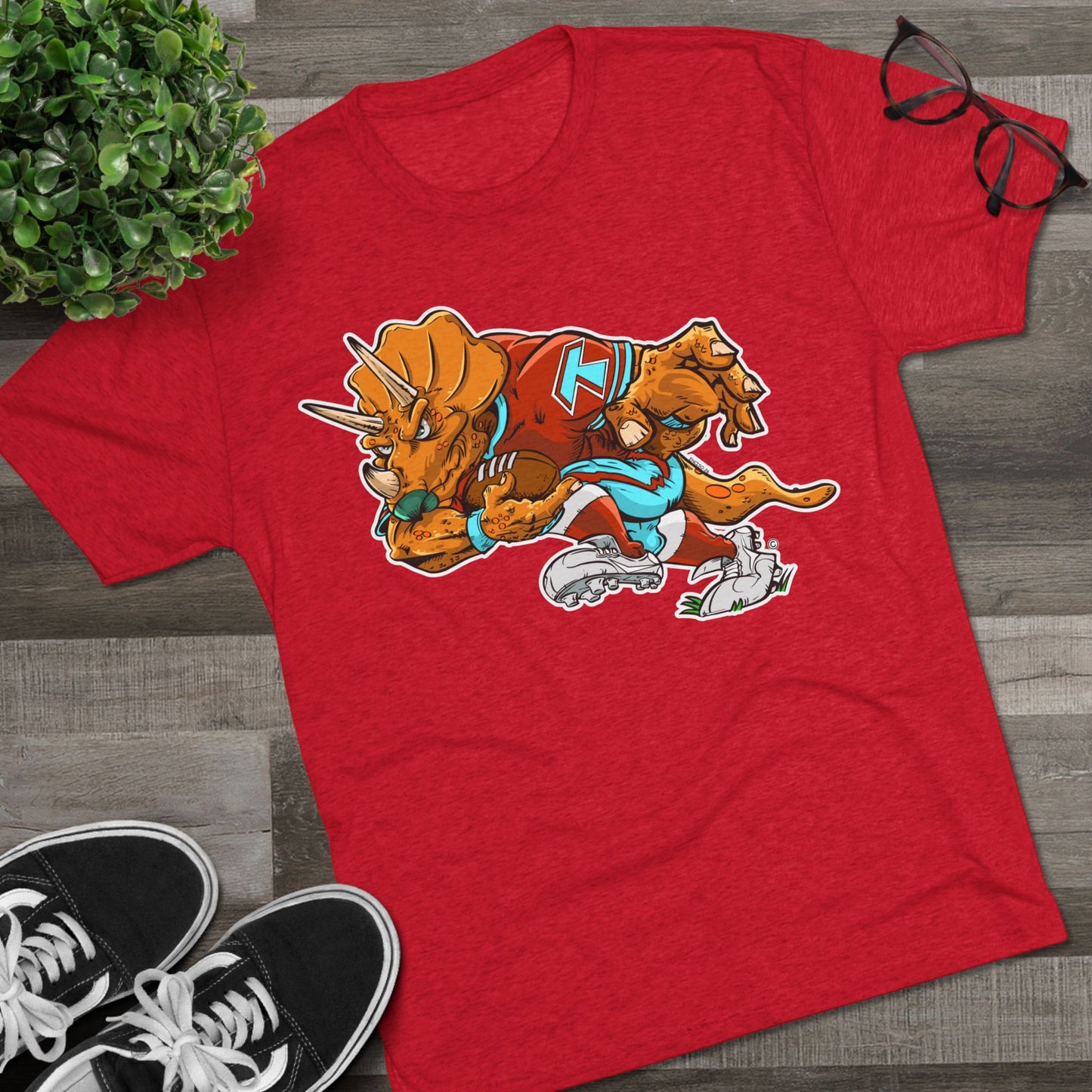 Tacoma Triceratops Football Tee - RED— Vintage Dino Mascot Crew Shirt Designed by Yorch Enciso