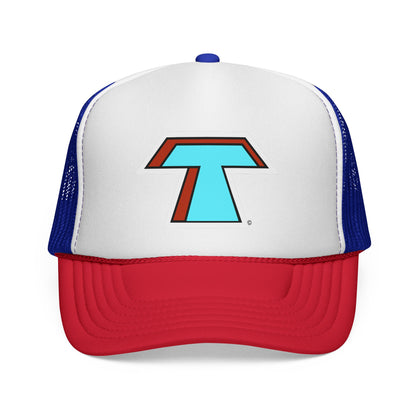 Tacoma Triceratops Retro 'T' Trucker Hat — Turquoise & Red Logo Cap Designed by Yorch Enciso
