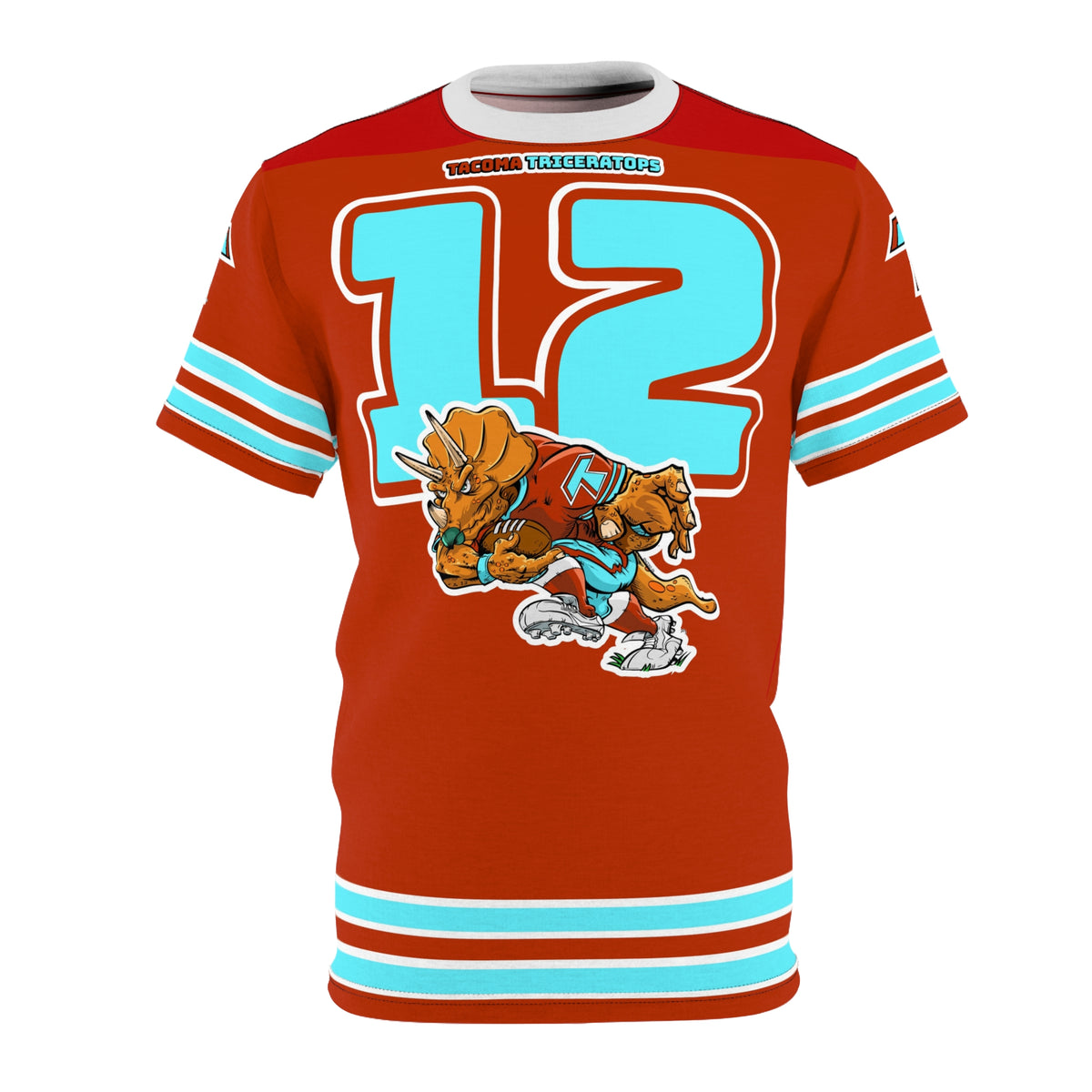 Tacoma Triceratops Retro Mascot Football Jersey Tee — Number 12 All-Over Print