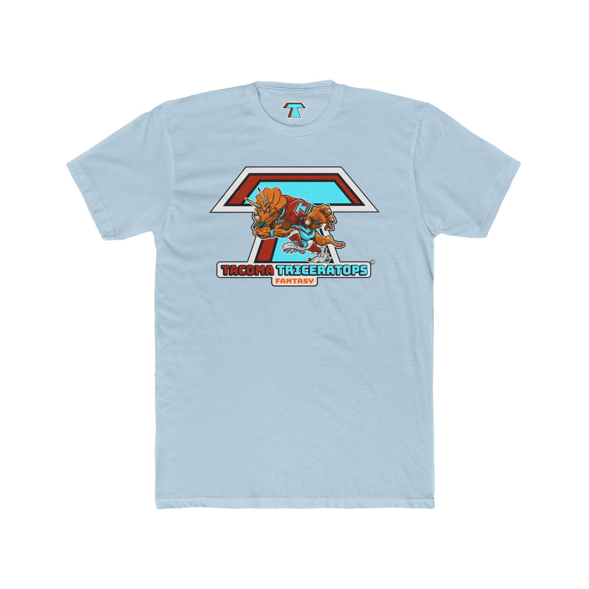 Tacoma Triceratops Football Mascot Tee — Retro Sports Dino Graphic T-Shirt. Designed by Yorch Enciso