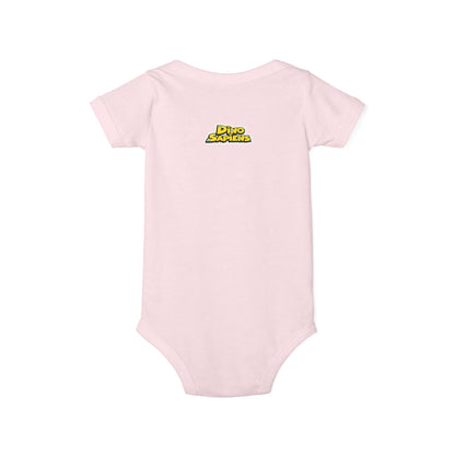Tricy- DinoSapiens - Infant One-Piece — Cute Pink Triceratops Face "Tricy" Bodysuit (Dino-Saurus Back Logo)