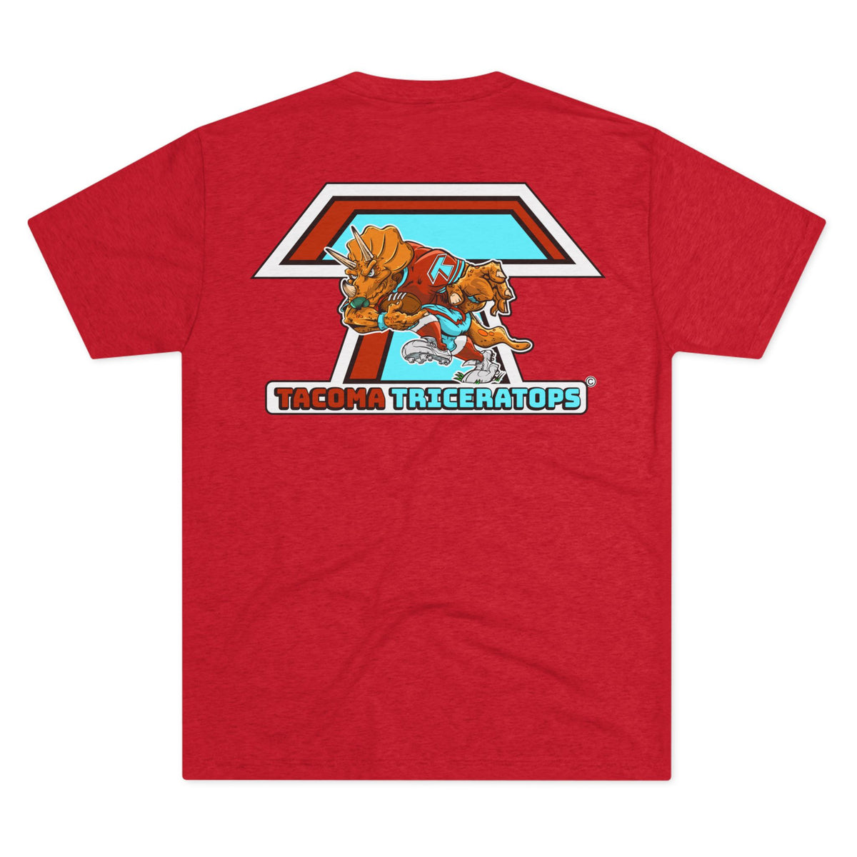 Tacoma Triceratops Football Tee - RED— Vintage Dino Mascot Crew Shirt Designed by Yorch Enciso