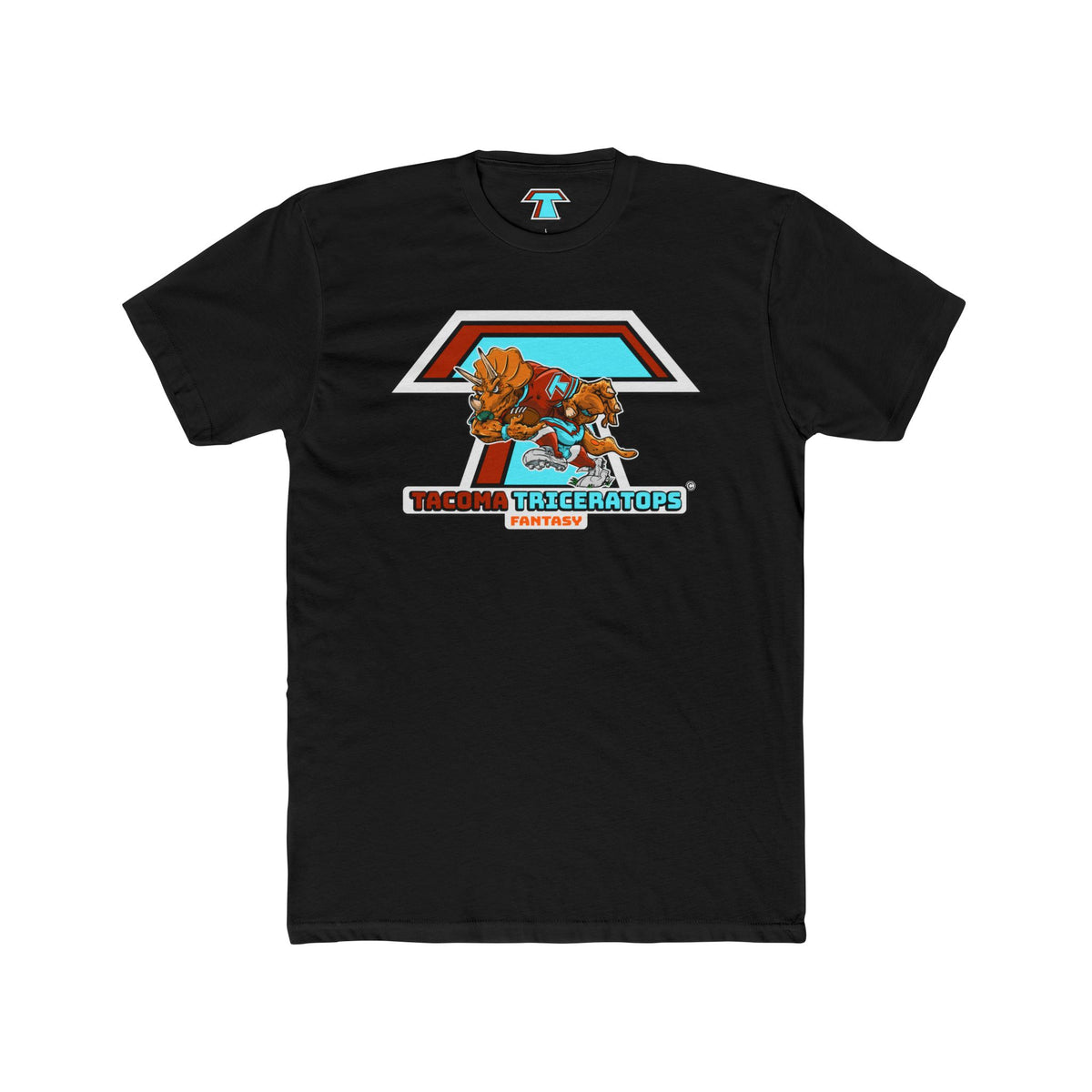 Tacoma Triceratops Football Mascot Tee — Retro Sports Dino Graphic T-Shirt. Designed by Yorch Enciso