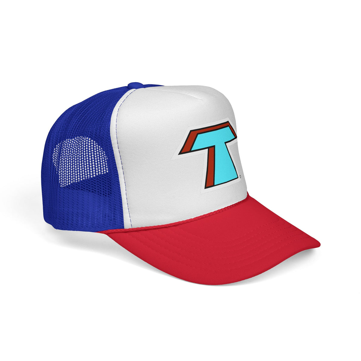 Tacoma Triceratops Retro 'T' Trucker Hat — Turquoise & Red Logo Cap Designed by Yorch Enciso