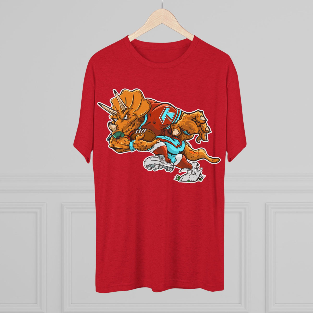 Tacoma Triceratops Football Tee - RED— Vintage Dino Mascot Crew Shirt Designed by Yorch Enciso