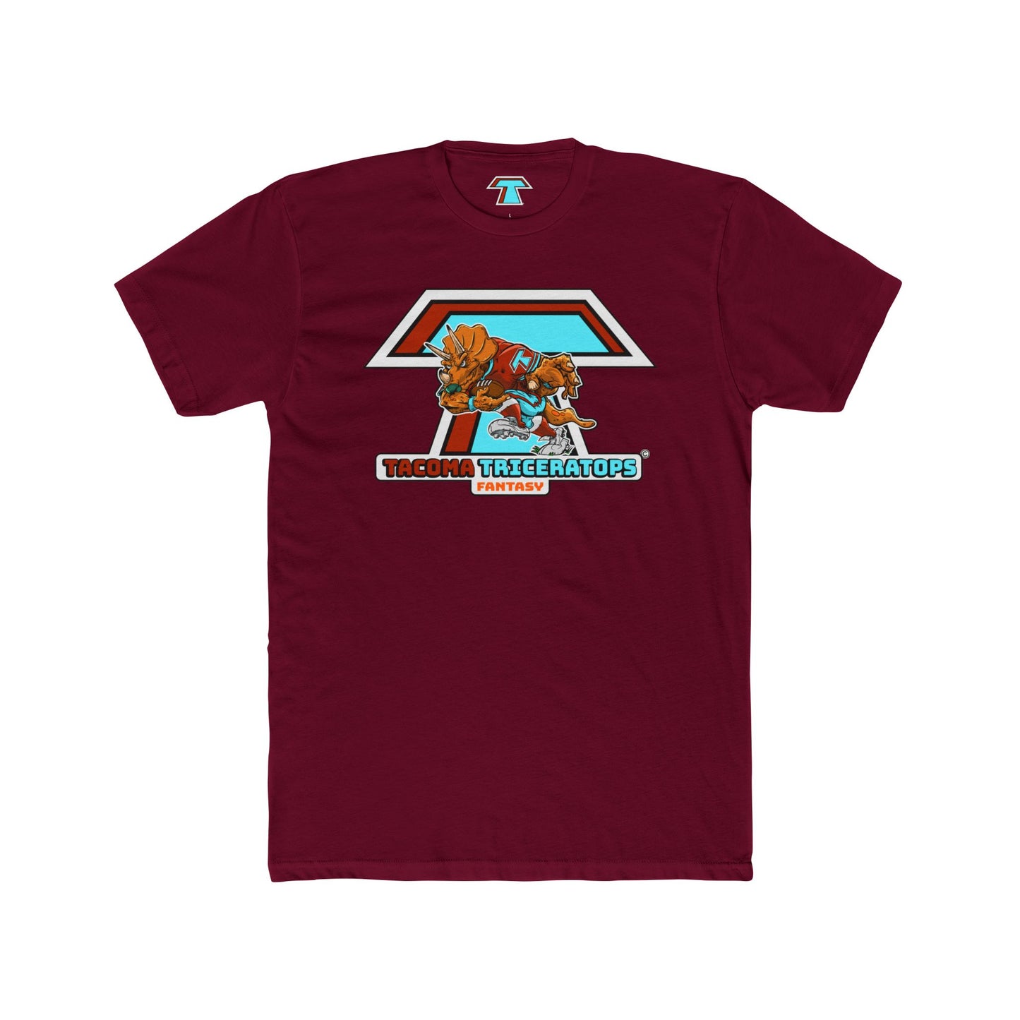 Tacoma Triceratops Football Mascot Tee — Retro Sports Dino Graphic T-Shirt. Designed by Yorch Enciso